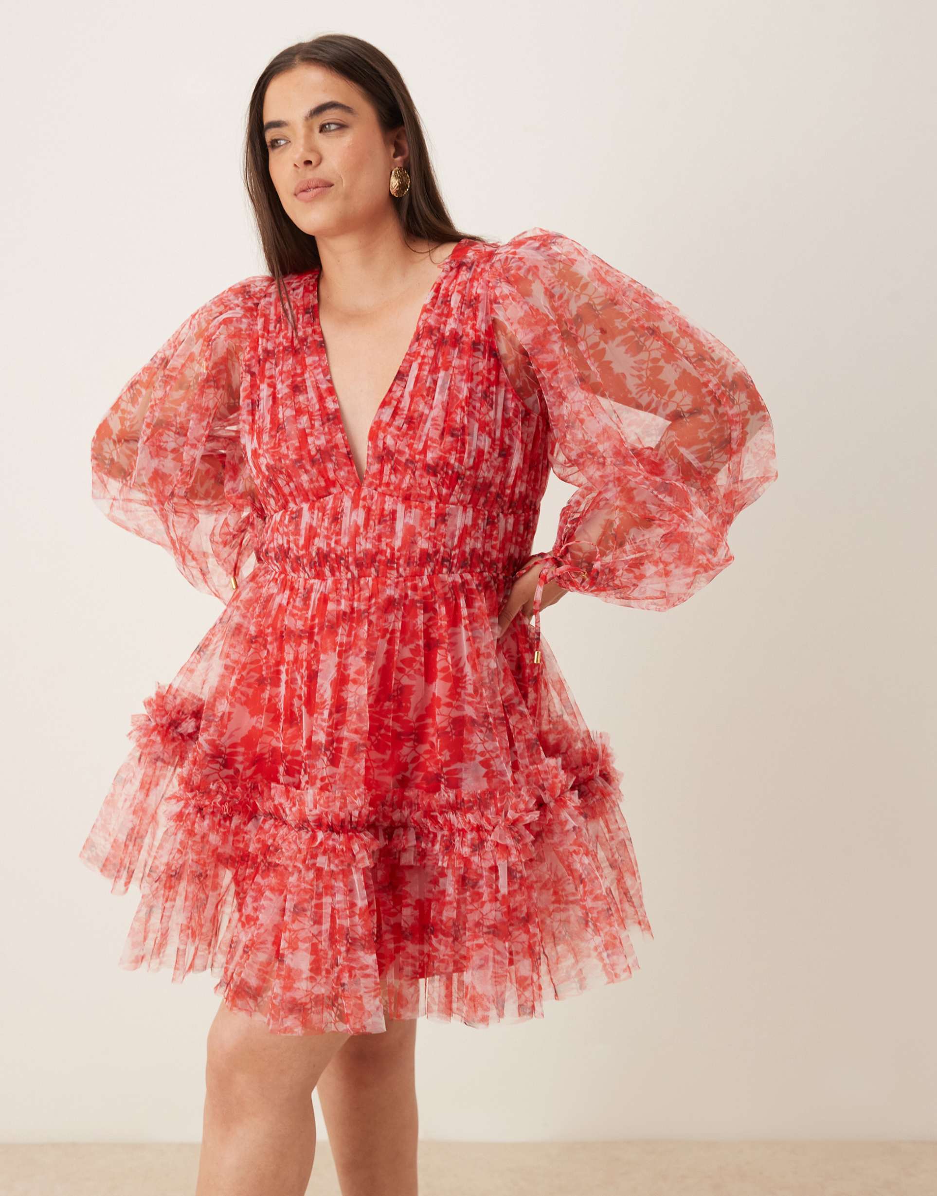 lace & beads balloon sleeve organza mini dress in red floral