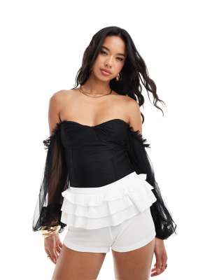 balloon sleeve ruched bodysuit in black