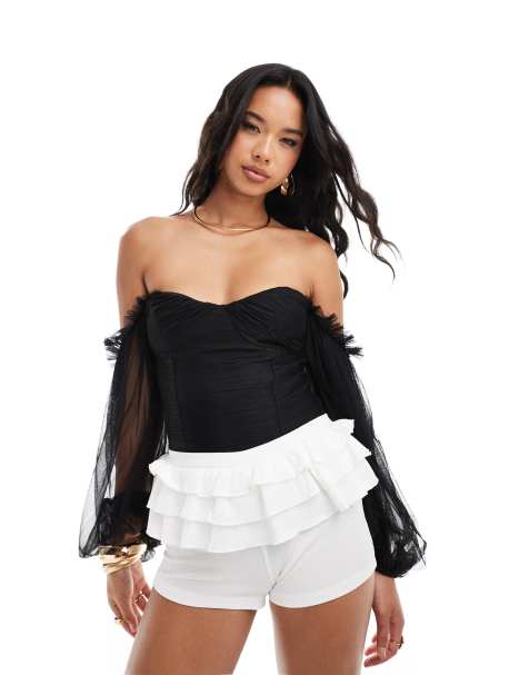Lace & Beads balloon sleeve ruched bodysuit in black - view 1