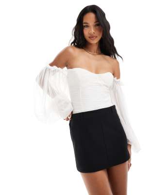 Lace & Beads Lace & Beads balloon sleeve ruched bodysuit in ivory-White