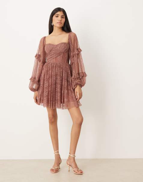 Lace & Beads balloon sleeve ruffle lace mini dress in rose brown - view 1