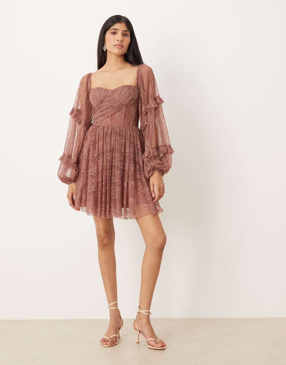 Lace & Beads balloon sleeve ruffle lace mini dress in rose brown