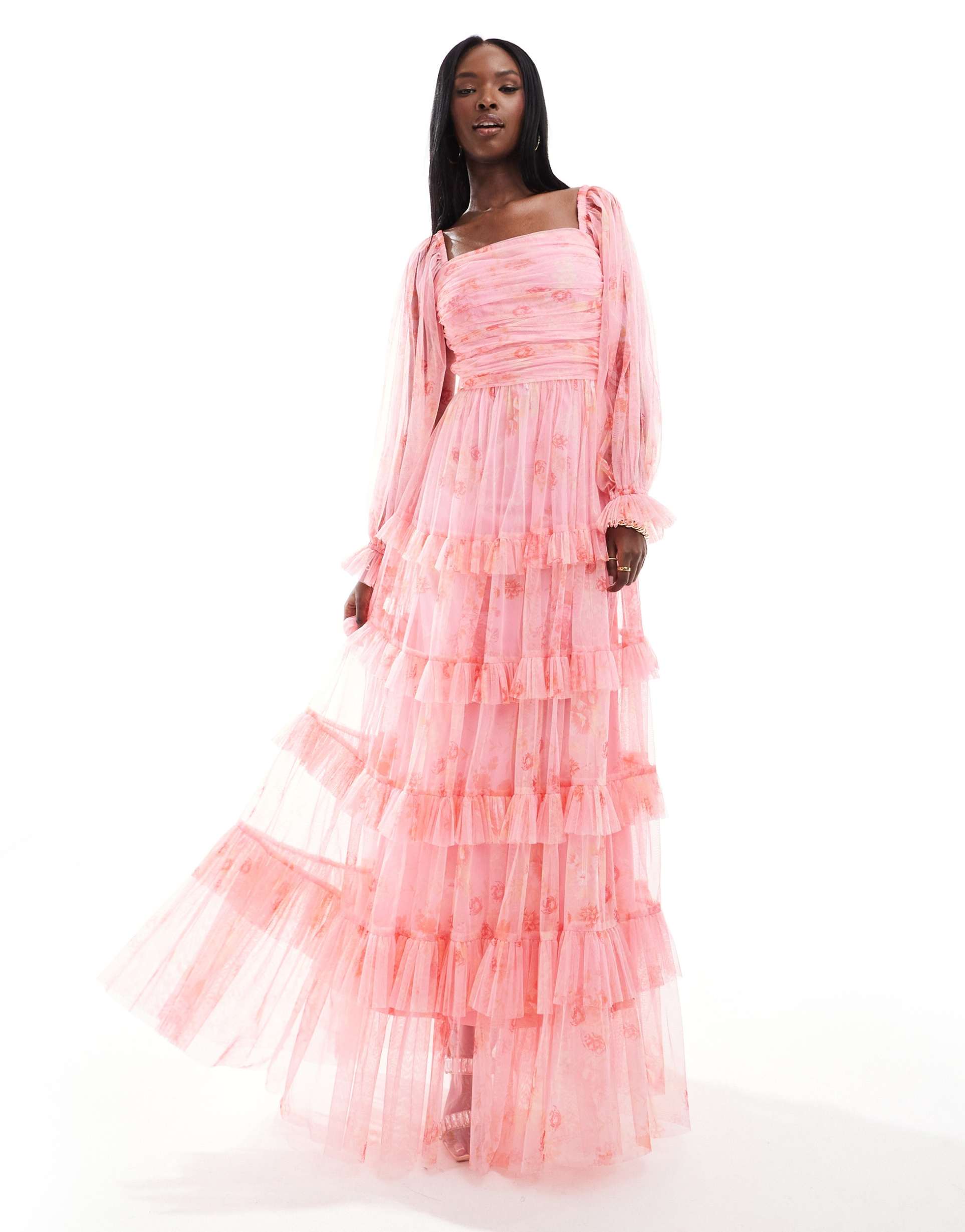 lace & beads balloon sleeve ruffle maxi dress in pink floral