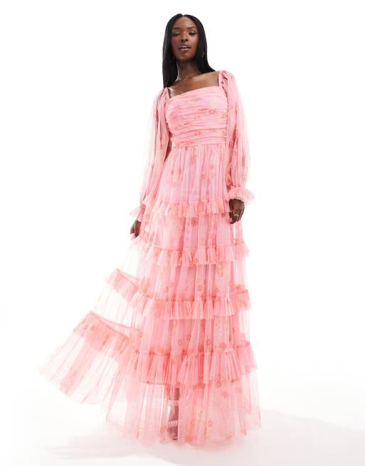 Lace Beads balloon sleeve ruffle maxi dress in pink floral ASOS