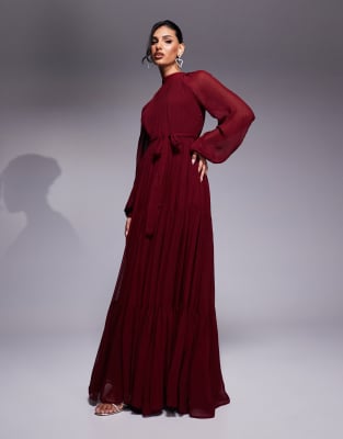 balloon sleeve tiered maxi dress in burgundy