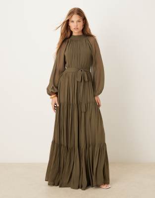 Lace & Beads Balloon Sleeve Tiered Maxi Dress In Green