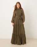 [Lace & Beads] Lace & Beads balloon sleeve tiered maxi dress in deep olive-Green 6 Deep olive
