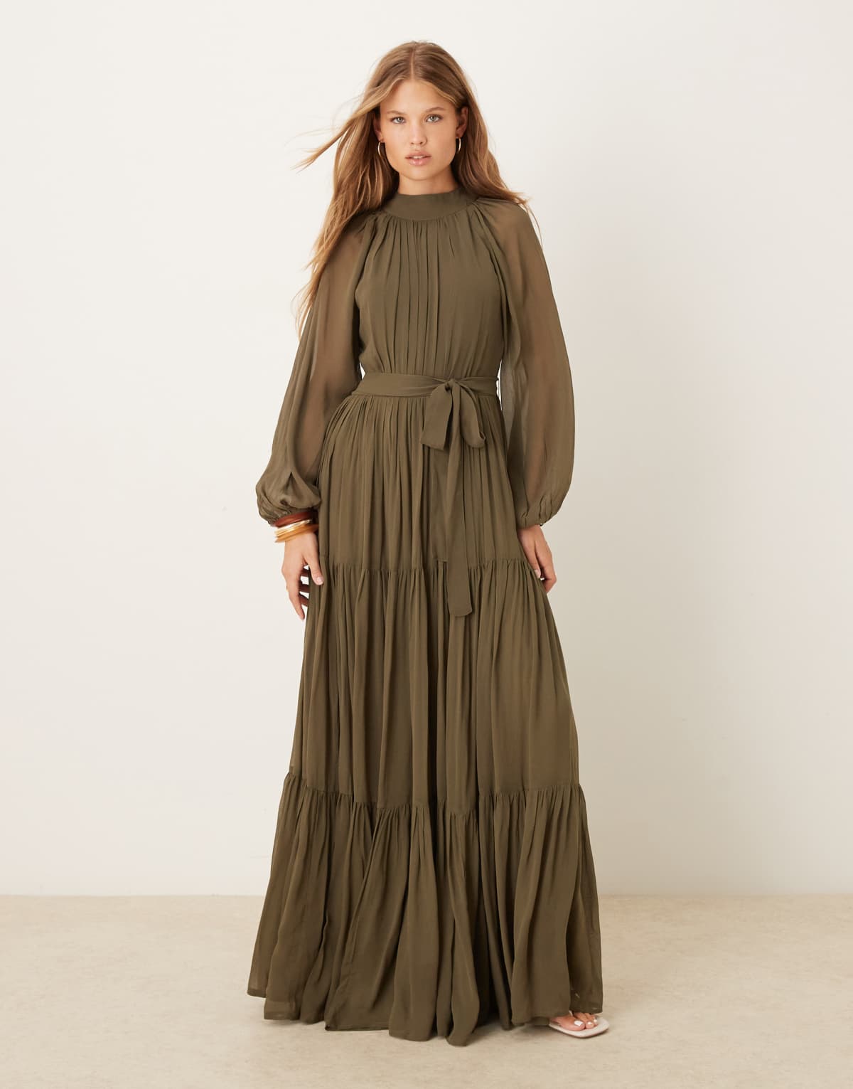 Lace & Beads balloon sleeve tiered maxi dress in deep olive