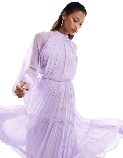 Lace Beads balloon sleeve tiered maxi dress in lilac ASOS