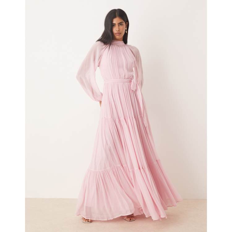 Lace & Beads balloon sleeve tiered maxi dress in powder pink | ASOS