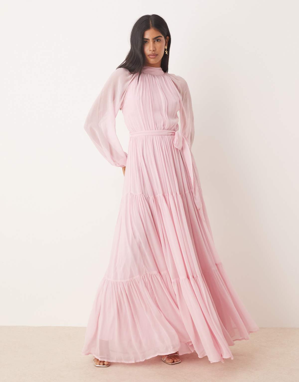 Lace & Beads balloon sleeve tiered maxi dress in powder pink