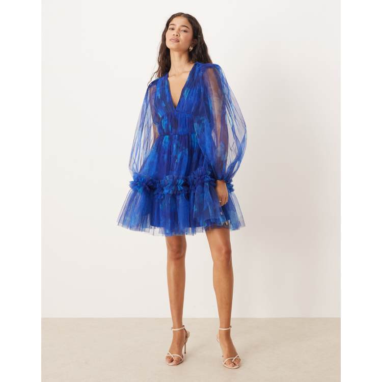 Lace & Beads balloon sleeves organza mini dress in blurred