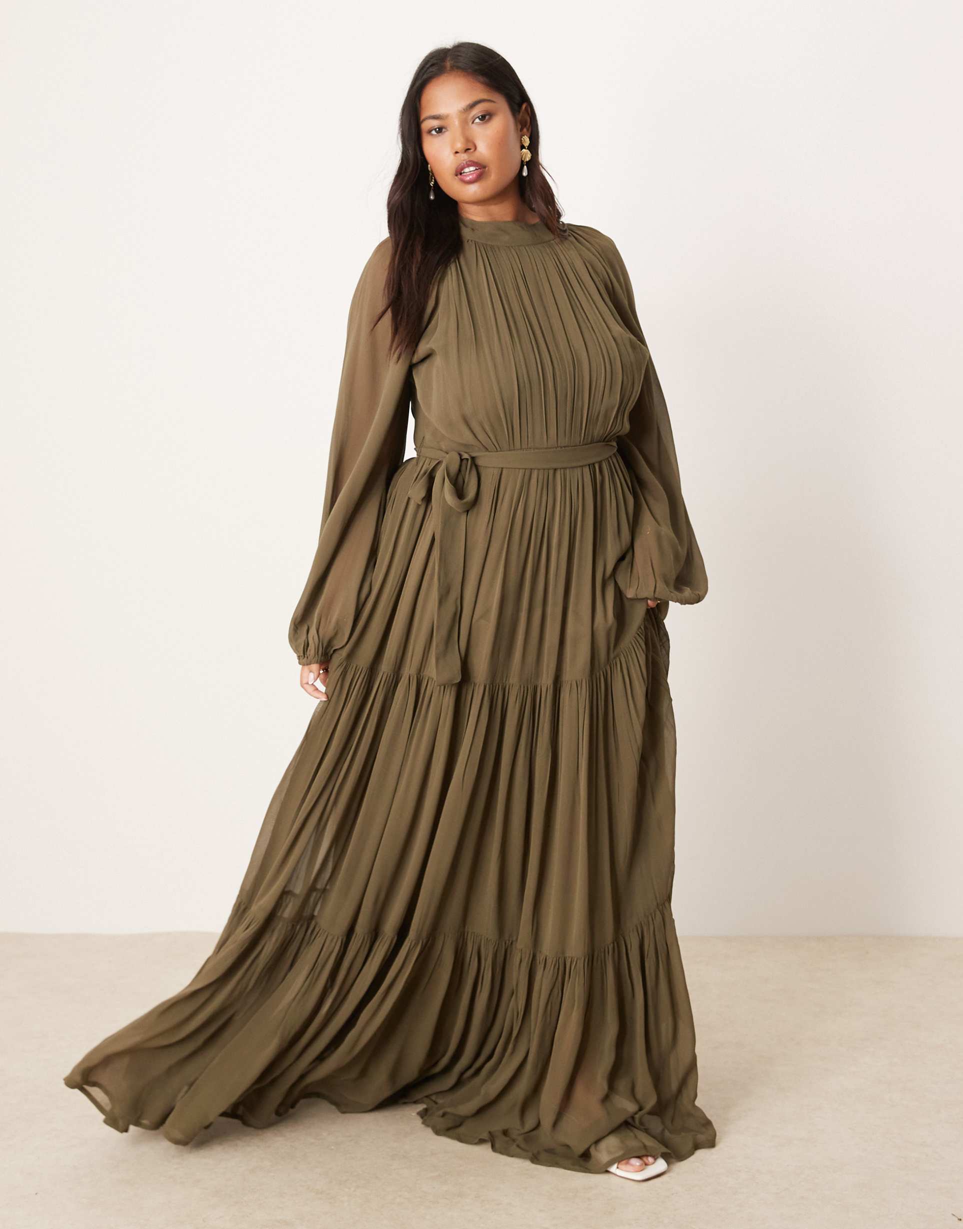 lace & beads balloon sleeves tiered maxi dress in deep olive