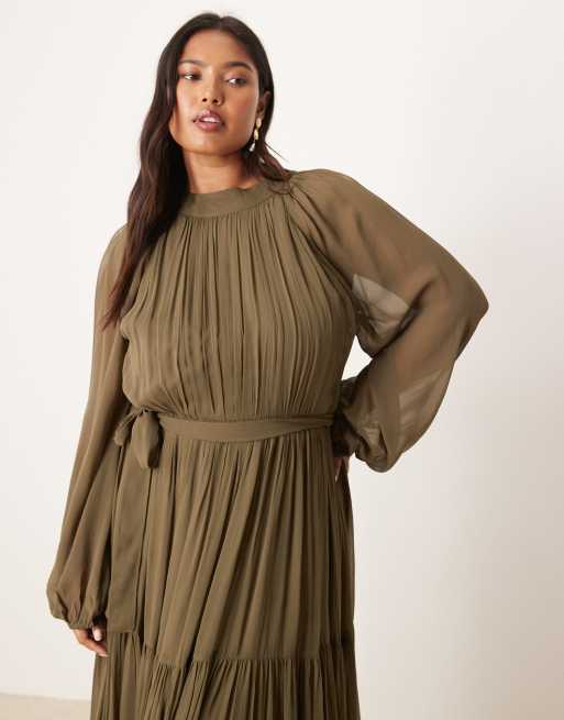 Lace & Beads balloon sleeves tiered maxi dress in deep olive