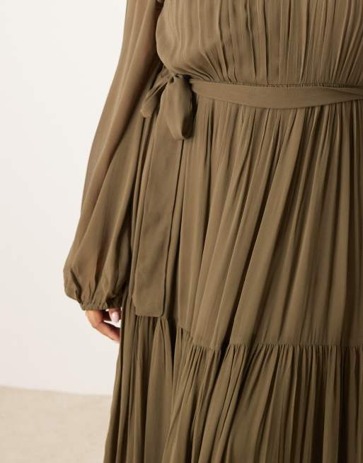 Lace & Beads balloon sleeves tiered maxi dress in deep olive