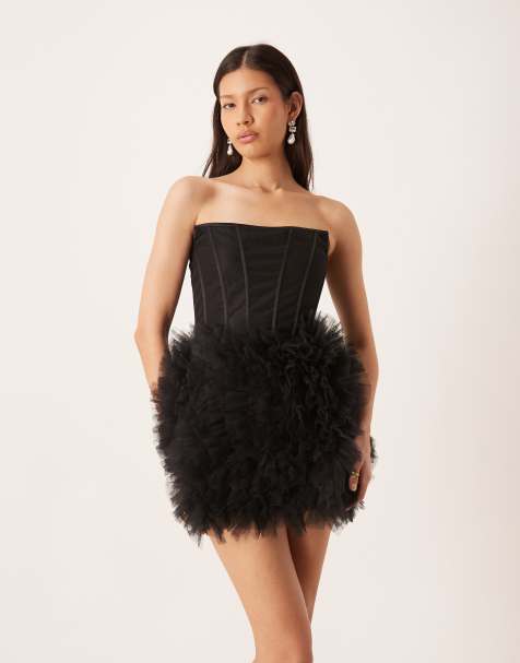 Lace & Beads bandeau corset detail tulle skirt mini dress in black - view 1