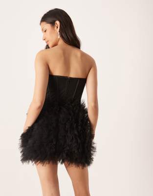 Lace & Beads Bandeau Corset Detail Tulle Skirt Mini Dress In Black