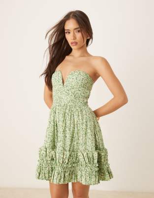 Lace & Beads Bandeau Cotton Ruffle Hem Mini Dress