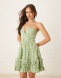 [Lace & Beads] Lace & Beads bandeau cotton ruffle hem mini dress in green daisy 8 Green Daisy Cotton
