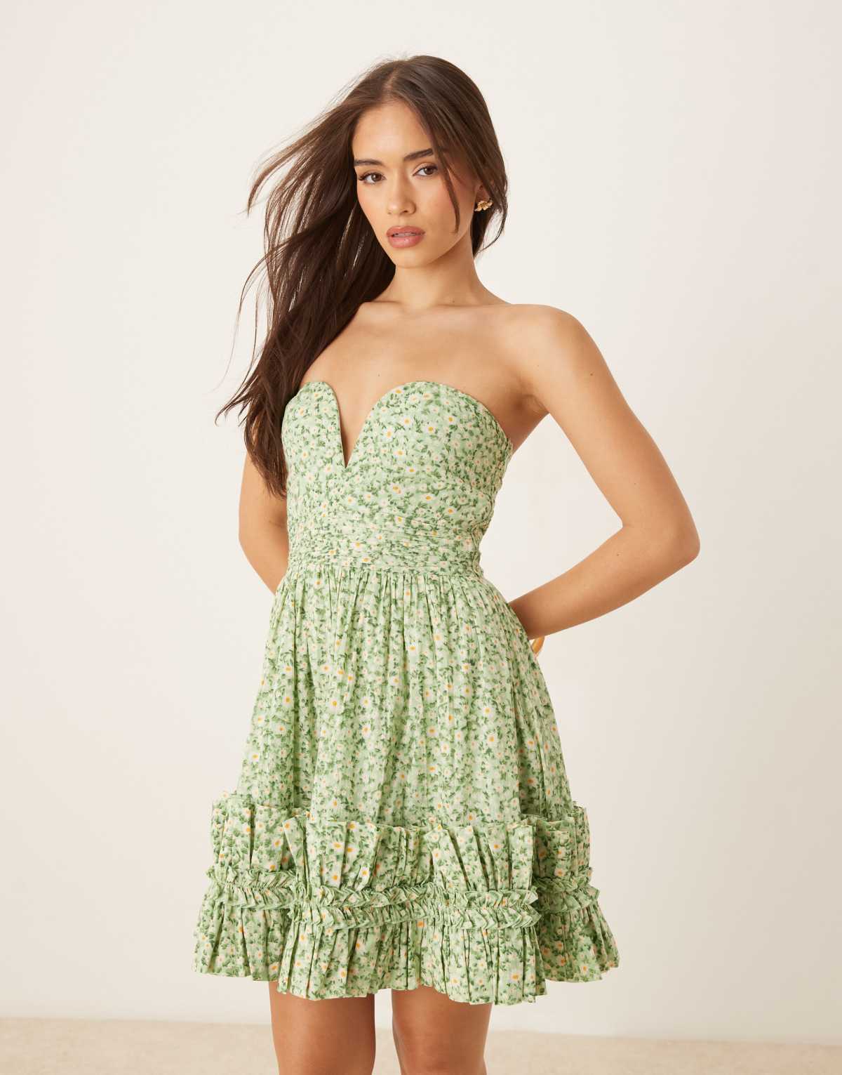 Lace & Beads bandeau cotton ruffle hem mini dress in green daisy