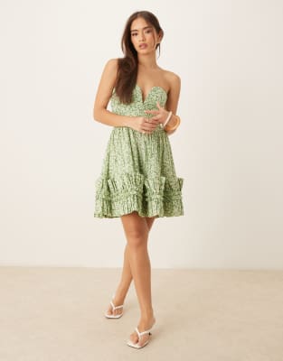 Lace & Beads Bandeau Cotton Ruffle Hem Mini Dress