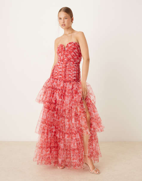 Lace & Beads bandeau drop waist maxi dress in red floral - view 1