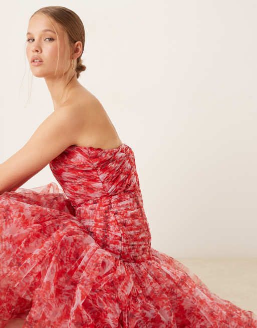Lace & Beads bandeau drop waist maxi dress in red floral, 2 of 4