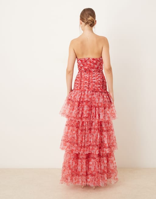 Lace & Beads bandeau drop waist maxi dress in red floral, 3 of 4