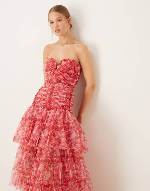 Lace & Beads bandeau drop waist maxi dress in red floral, 4 of 4
