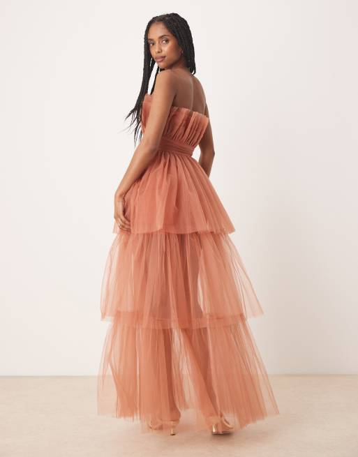Lace & Beads bandeau high low maxi dress in terracotta rose