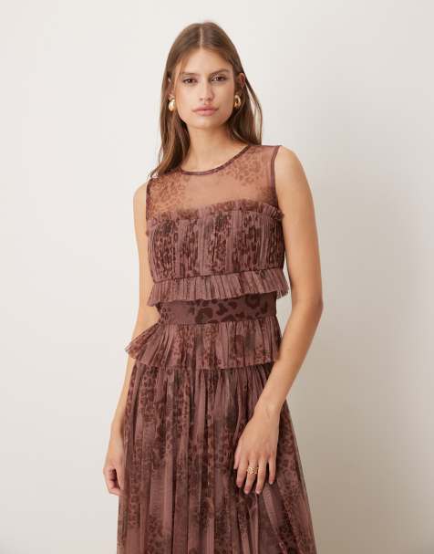 Lace & Beads bandeau mesh top in leopard print plum - view 1