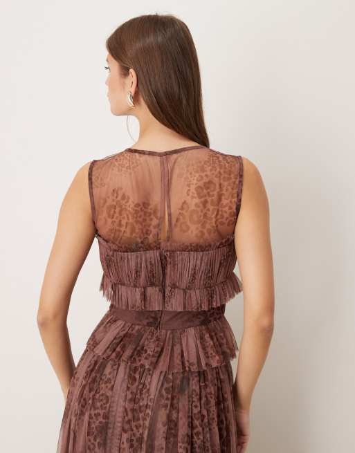 Lace & Beads bandeau mesh top in leopard print plum, 3 of 4