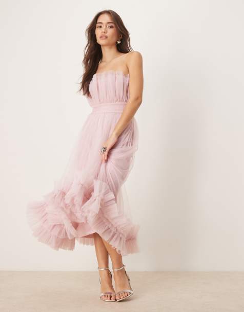 Lace & Beads bandeau ruffle hem tulle midaxi dress in powder pink - view 1