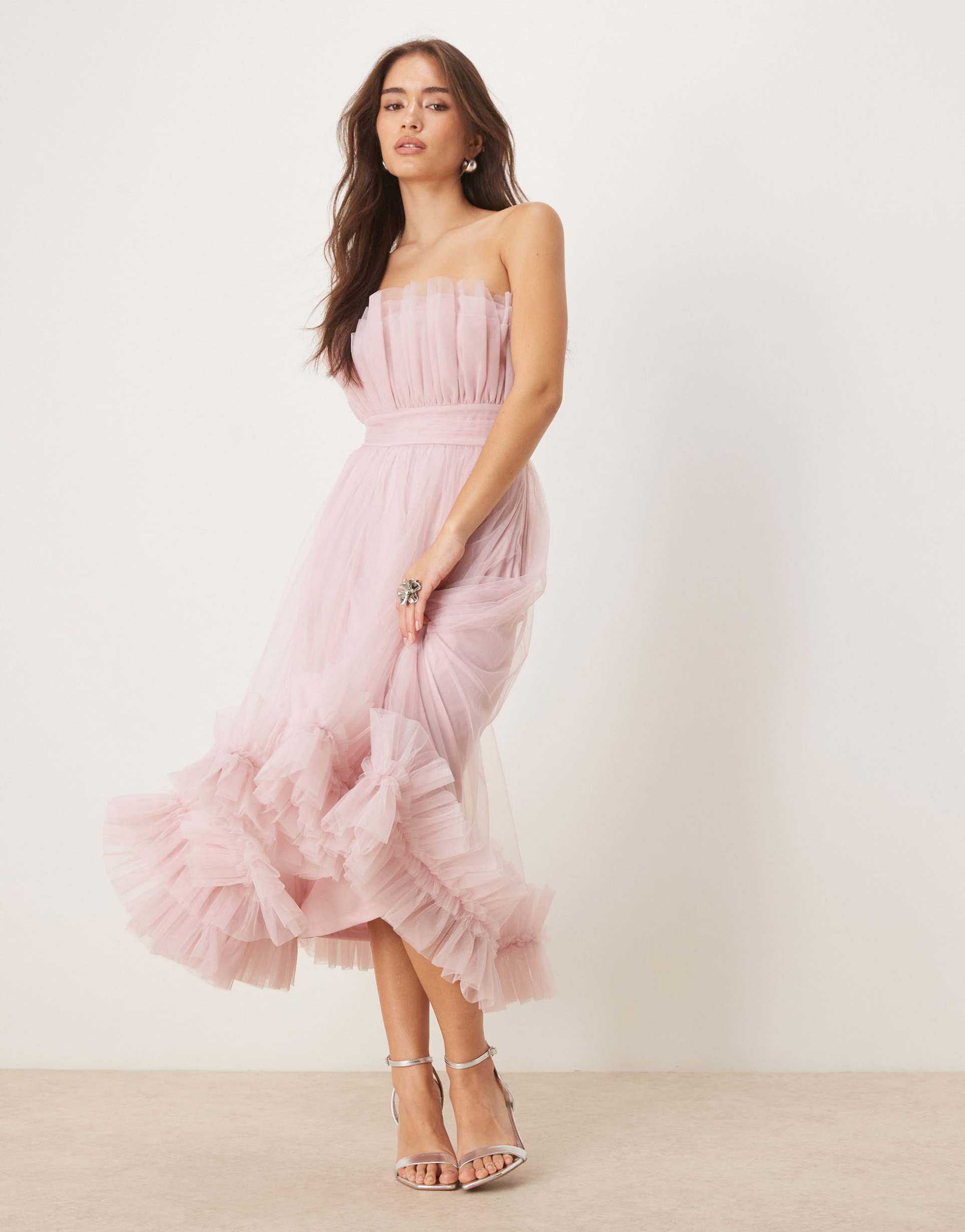 lace & beads bandeau ruffle hem tulle midaxi dress in powder pink