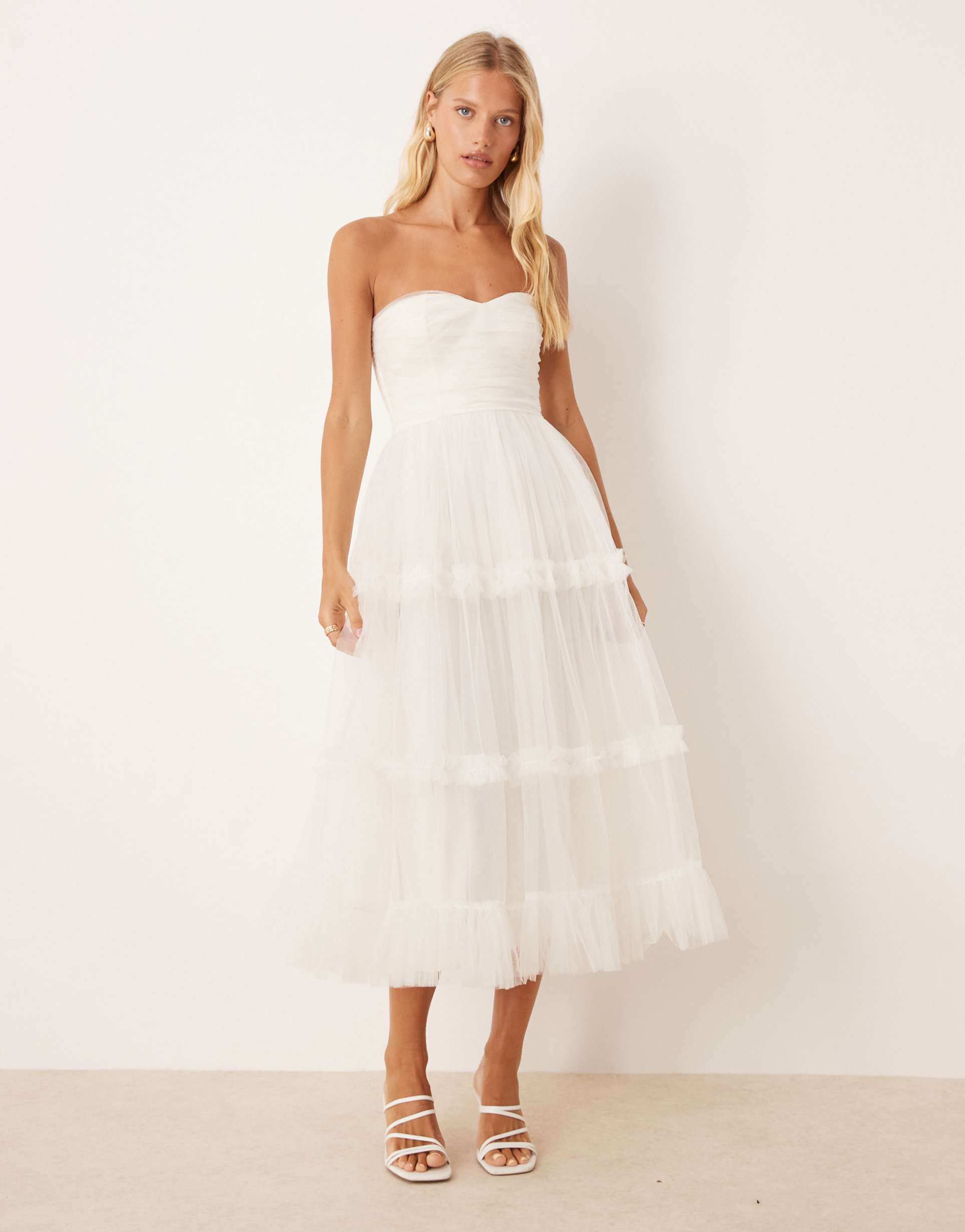 lace & beads bandeau ruffle midaxi dress in butter cream