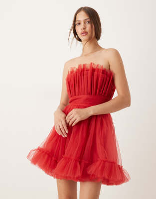 Lace & Beads Bandeau Structured Mini Dress In Red
