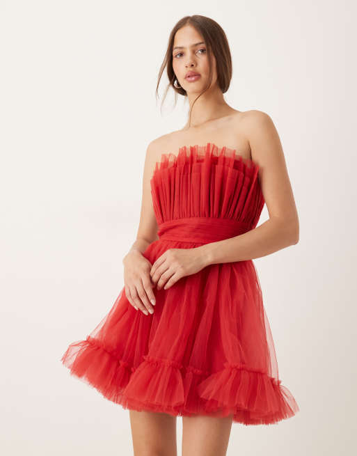 Lace & Beads bandeau structured mini dress in red, 2 of 4