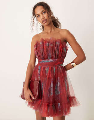 Lace & Beads Lace & Beads bandeau structured mini tulle dress in plum-Purple