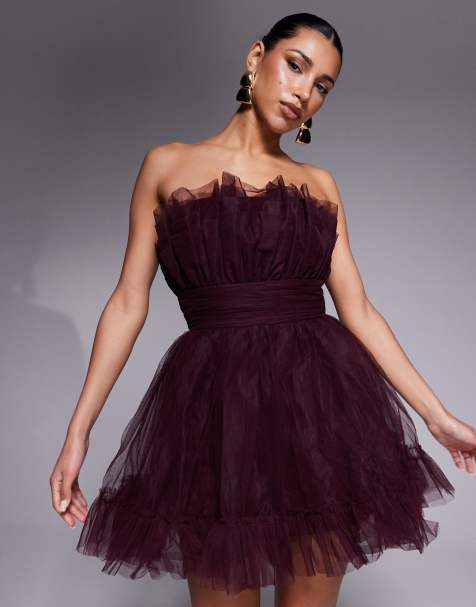 Lace & Beads bandeau structured mini tulle dress in plum - view 1