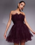 [Lace & Beads] Lace & Beads bandeau structured mini tulle dress in plum-Purple 16 Burgundy floral