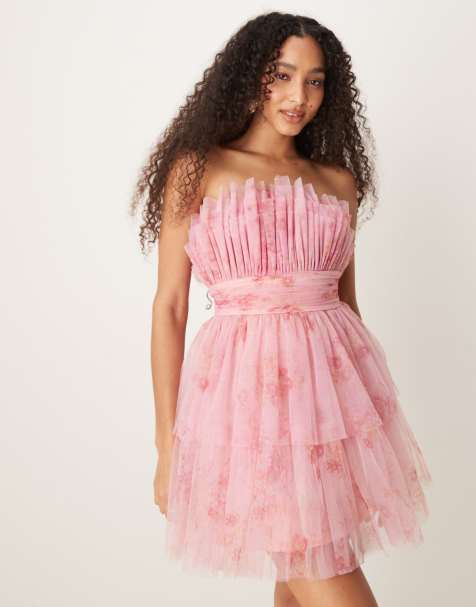 Lace & Beads bandeau tiered tulle mini dress in baby pink floral - view 1