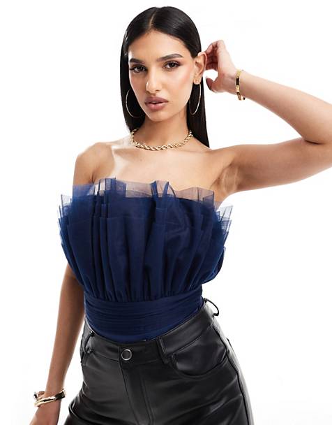 Lace &amp; Beads bandeau tulle bodysuit In midnight blue