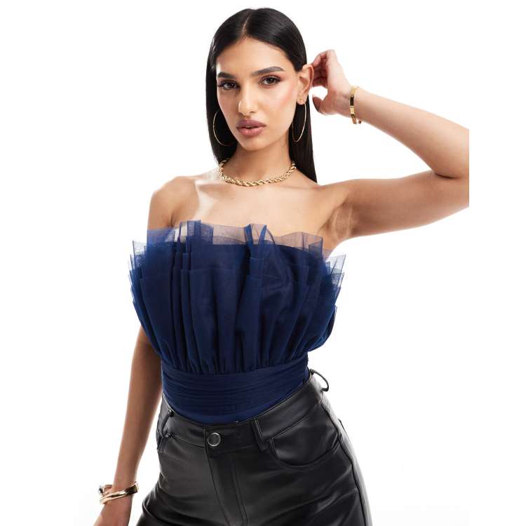 Lace & Beads bandeau tulle bodysuit in midnight blue | ASOS