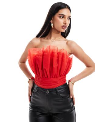 Lace & Beads Bandeau Tulle Bodysuit In Red
