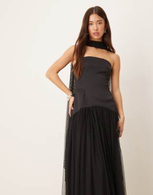 Lace & Beads Bandeau Tulle Drop Waist Scarf Detail Maxi Dress In Black
