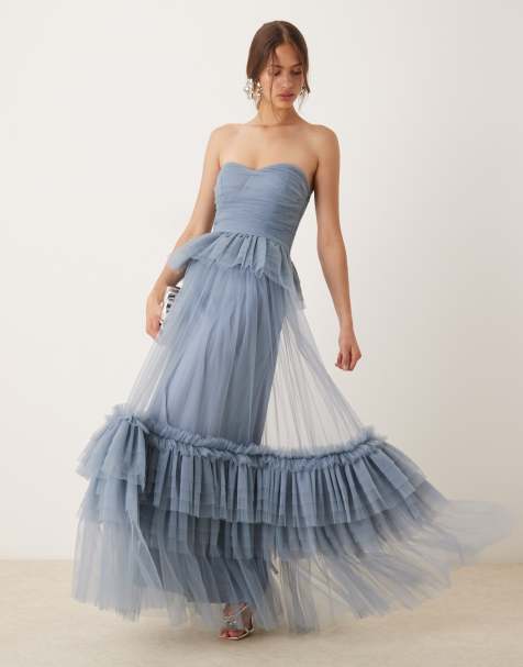 Lace & Beads bandeau tulle gown in dusty blue - view 1