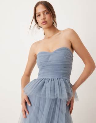 Lace & Beads Bandeau Tulle Gown In Blue