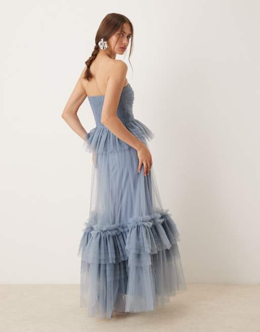 Lace & Beads bandeau tulle gown in dusty blue
