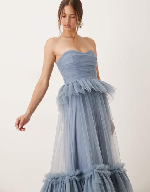 Lace & Beads bandeau tulle gown in dusty blue