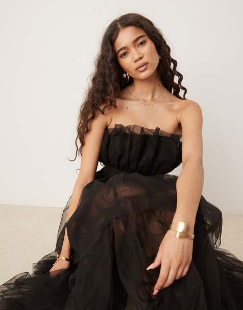 Lace & Beads bandeau tulle maxi dress in black - view 1